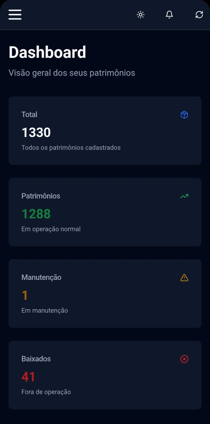 Painel do Armazena aberto no celular, mostrando o total de patrimônios